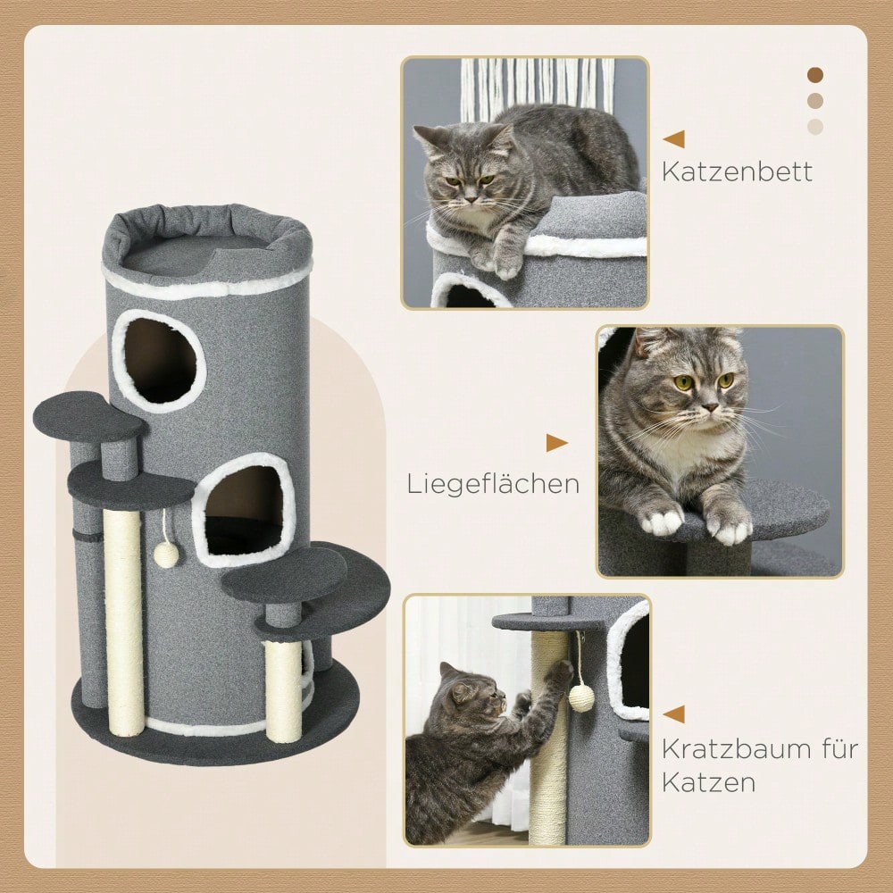 PawHut Kratztonne für Katzen mit Katzenbett, Spielball & Plattformen, 99 cm Katzenspielzeug und Kratzmöbel, grau