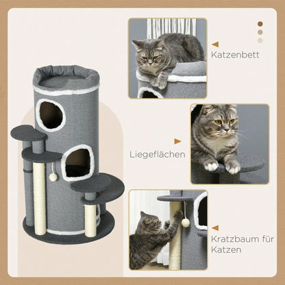 PawHut Kratztonne für Katzen mit Katzenbett, Spielball & Plattformen, 99 cm Katzenspielzeug und Kratzmöbel, grau