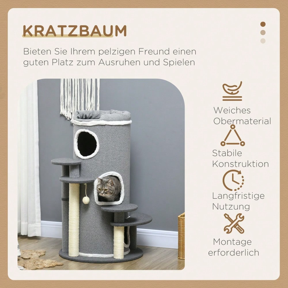 PawHut Kratztonne für Katzen mit Katzenbett, Spielball & Plattformen, 99 cm Katzenspielzeug und Kratzmöbel, grau