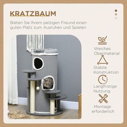 PawHut Kratztonne für Katzen mit Katzenbett, Spielball & Plattformen, 99 cm Katzenspielzeug und Kratzmöbel, grau