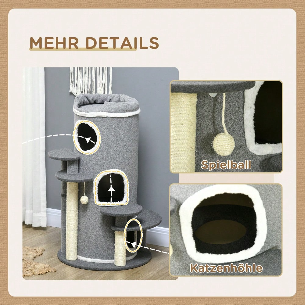 PawHut Kratztonne für Katzen mit Katzenbett, Spielball & Plattformen, 99 cm Katzenspielzeug und Kratzmöbel, grau