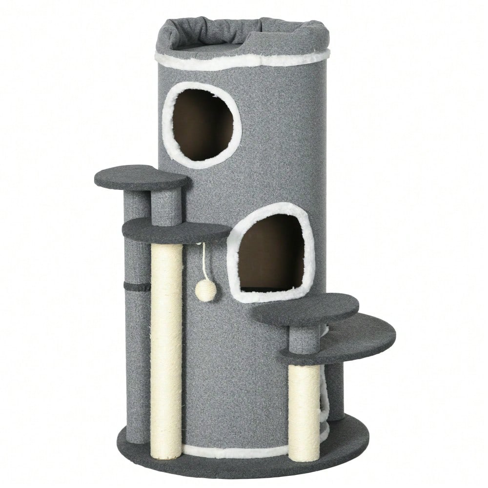 PawHut Kratztonne für Katzen mit Katzenbett, Spielball & Plattformen, 99 cm Katzenspielzeug und Kratzmöbel, grau