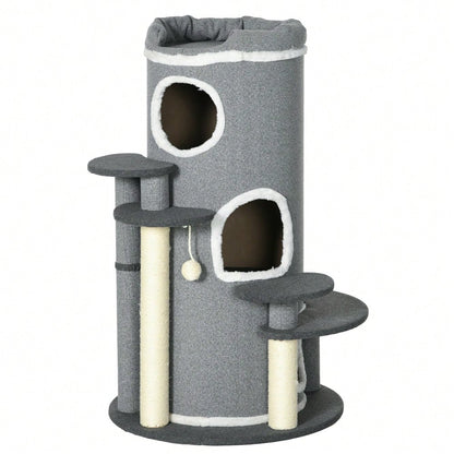 PawHut Kratztonne für Katzen mit Katzenbett, Spielball & Plattformen, 99 cm Katzenspielzeug und Kratzmöbel, grau