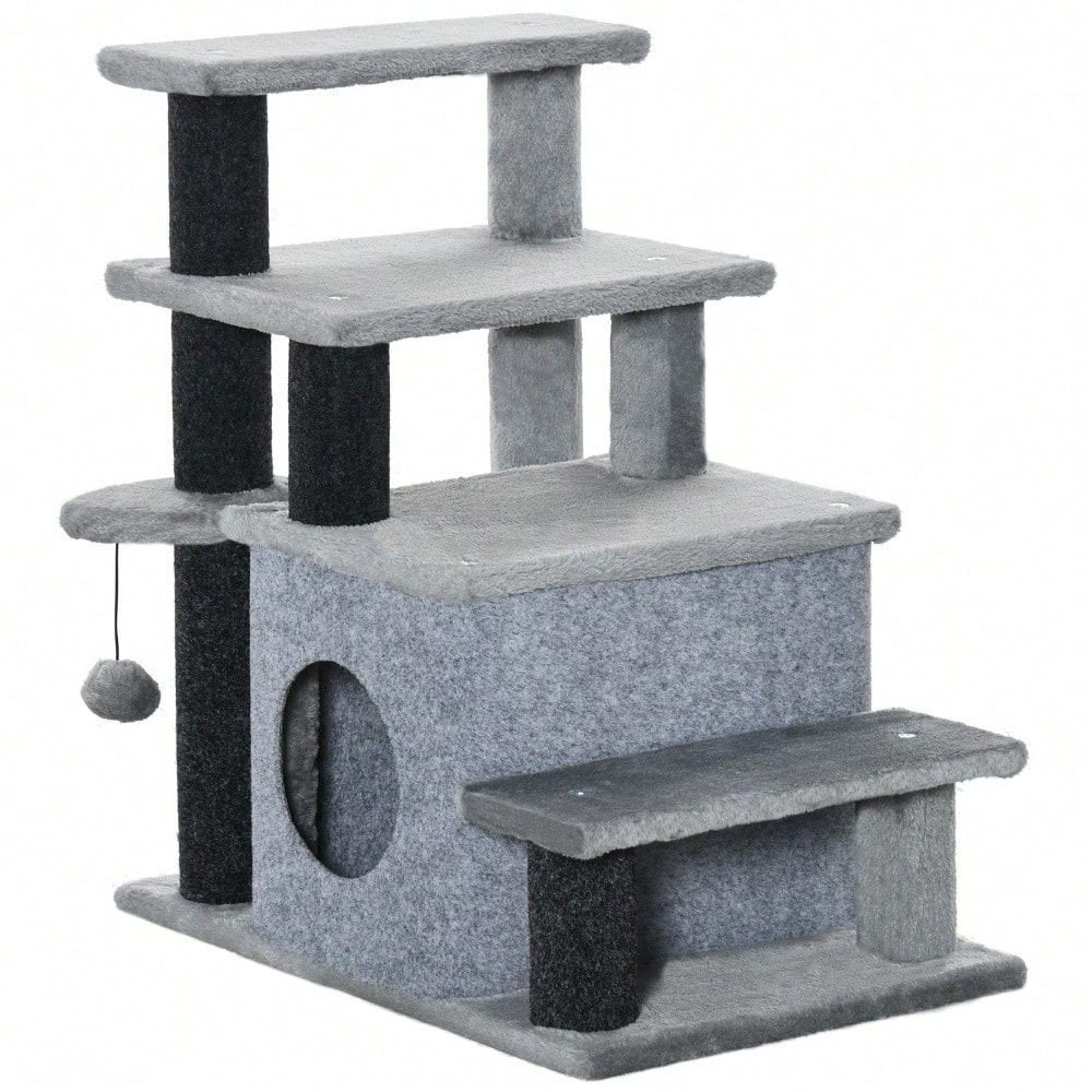 PawHut 3/4-stufige Katzentreppe mit Schlafhöhle & Spielball, Plüschbezug für Katzen, stabile Spanplatten-Konstruktion, Haustiertreppe