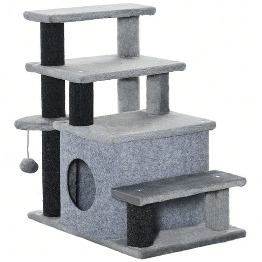 PawHut 3/4-stufige Katzentreppe mit Schlafhöhle & Spielball, Plüschbezug für Katzen, stabile Spanplatten-Konstruktion, Haustiertreppe