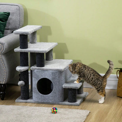 PawHut 3/4-stufige Katzentreppe mit Schlafhöhle & Spielball, Plüschbezug für Katzen, stabile Spanplatten-Konstruktion, Haustiertreppe