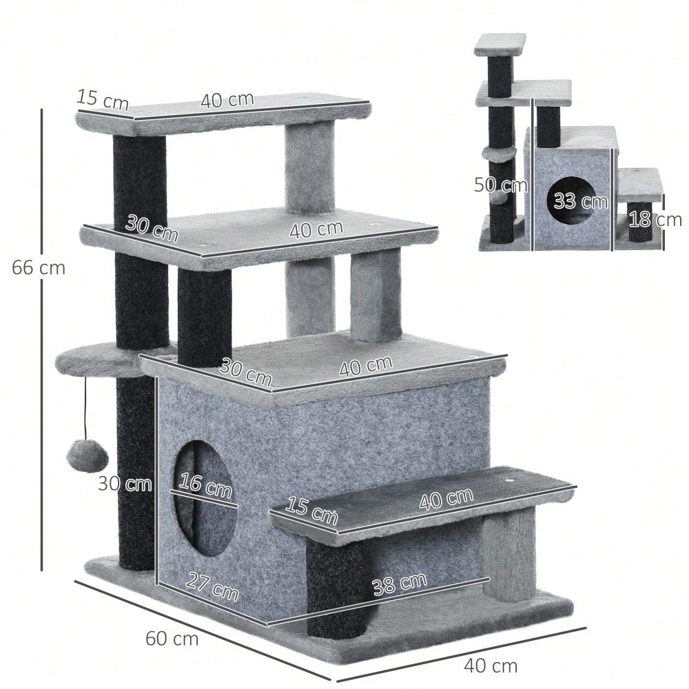 PawHut 3/4-stufige Katzentreppe mit Schlafhöhle & Spielball, Plüschbezug für Katzen, stabile Spanplatten-Konstruktion, Haustiertreppe