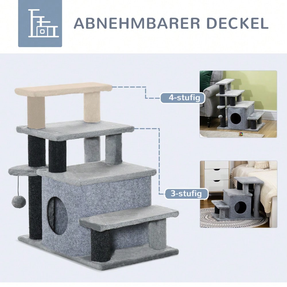PawHut 3/4-stufige Katzentreppe mit Schlafhöhle & Spielball, Plüschbezug für Katzen, stabile Spanplatten-Konstruktion, Haustiertreppe