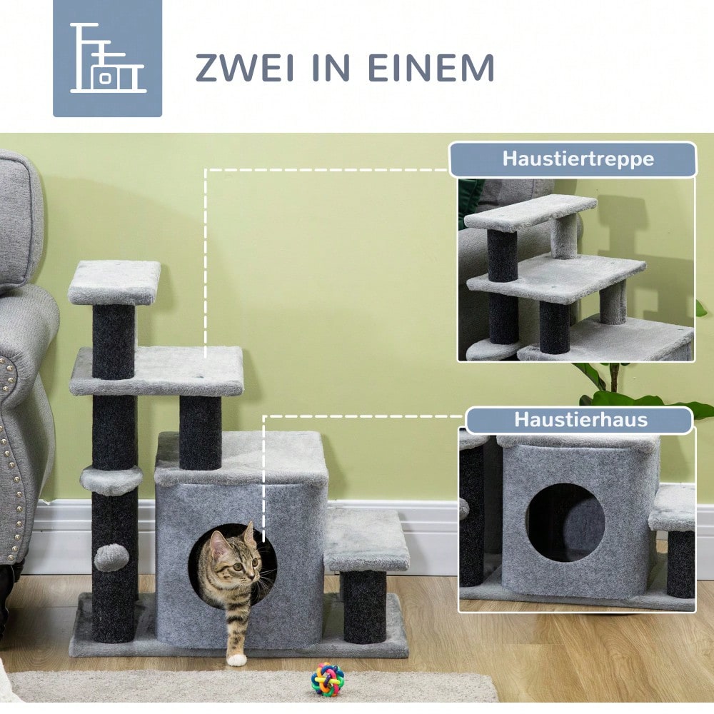 PawHut 3/4-stufige Katzentreppe mit Schlafhöhle & Spielball, Plüschbezug für Katzen, stabile Spanplatten-Konstruktion, Haustiertreppe