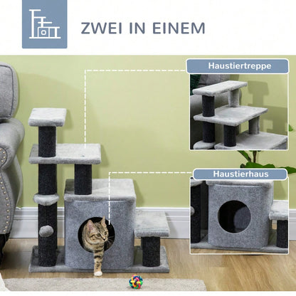 PawHut 3/4-stufige Katzentreppe mit Schlafhöhle & Spielball, Plüschbezug für Katzen, stabile Spanplatten-Konstruktion, Haustiertreppe