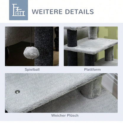 PawHut 3/4-stufige Katzentreppe mit Schlafhöhle & Spielball, Plüschbezug für Katzen, stabile Spanplatten-Konstruktion, Haustiertreppe
