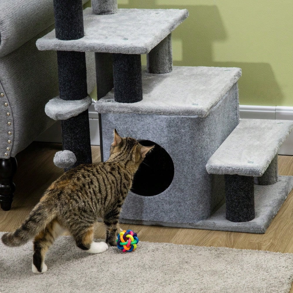 PawHut 3/4-stufige Katzentreppe mit Schlafhöhle & Spielball, Plüschbezug für Katzen, stabile Spanplatten-Konstruktion, Haustiertreppe
