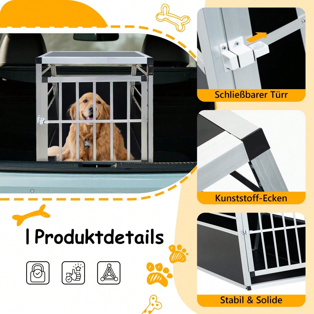 Aluminium Hundetransportbox für Auto, stabile Reisebox Metallgitter Transportbox für Hunde, 60x70x67,5 cm, schwarz