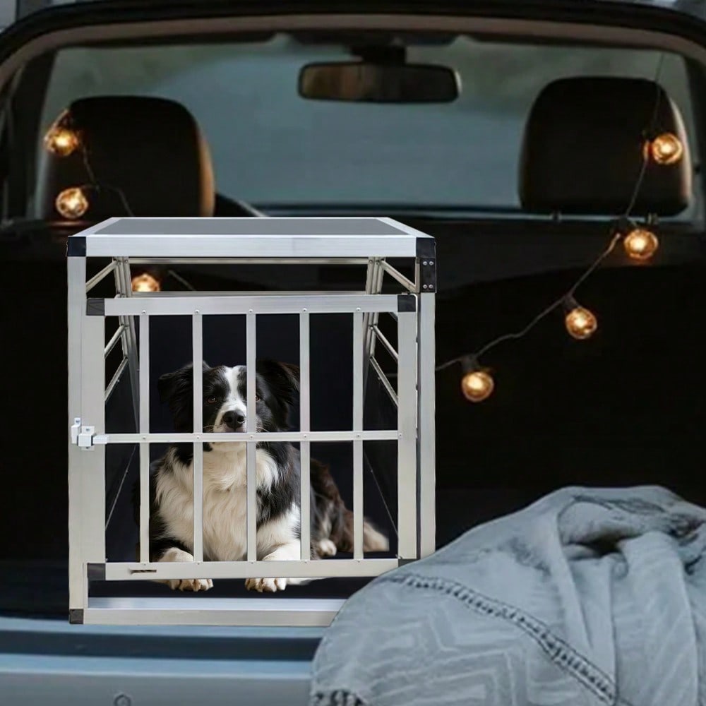Aluminium Hundetransportbox für Auto, stabile Reisebox Metallgitter Transportbox für Hunde, 60x70x67,5 cm, schwarz