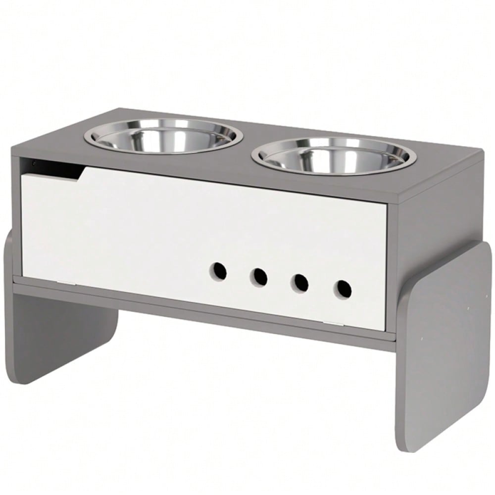 PawHut Erhöhter Napfständer für Hunde mit Staufach & Anti-Schlingermatte, 2x2000 ml Edelstahlnäpfe, grau