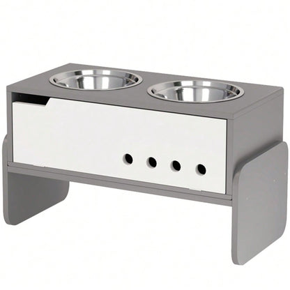 PawHut Erhöhter Napfständer für Hunde mit Staufach & Anti-Schlingermatte, 2x2000 ml Edelstahlnäpfe, grau