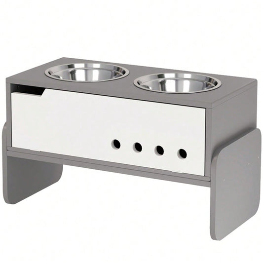 PawHut Erhöhter Napfständer für Hunde mit Staufach & Anti-Schlingermatte, 2x2000 ml Edelstahlnäpfe, grau