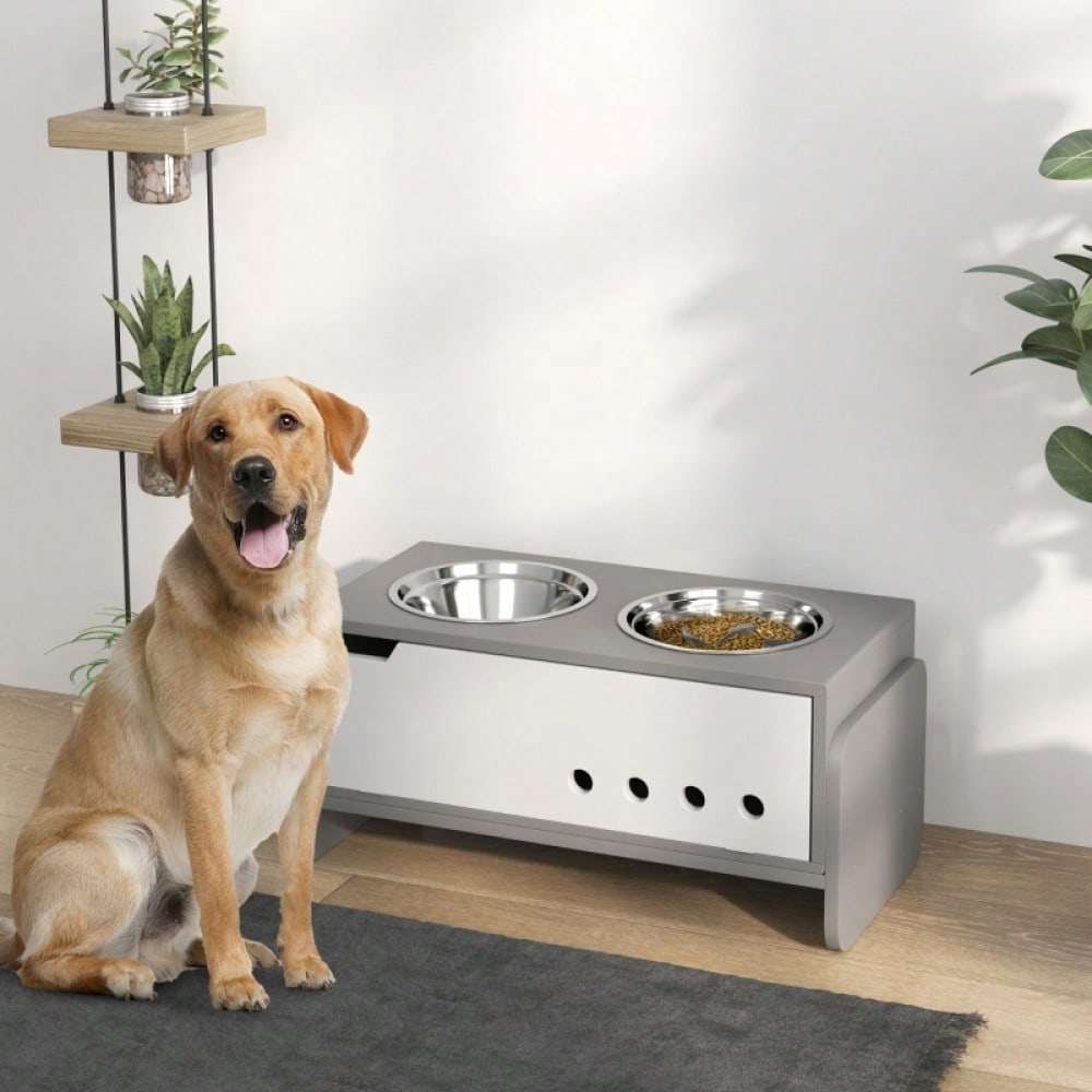 PawHut Erhöhter Napfständer für Hunde mit Staufach & Anti-Schlingermatte, 2x2000 ml Edelstahlnäpfe, grau