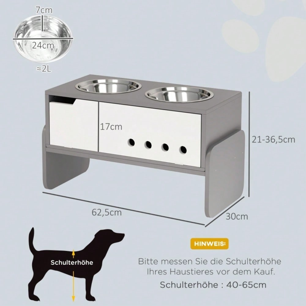 PawHut Erhöhter Napfständer für Hunde mit Staufach & Anti-Schlingermatte, 2x2000 ml Edelstahlnäpfe, grau