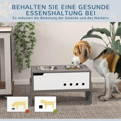 PawHut Erhöhter Napfständer für Hunde mit Staufach & Anti-Schlingermatte, 2x2000 ml Edelstahlnäpfe, grau
