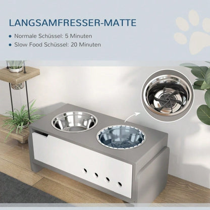 PawHut Erhöhter Napfständer für Hunde mit Staufach & Anti-Schlingermatte, 2x2000 ml Edelstahlnäpfe, grau