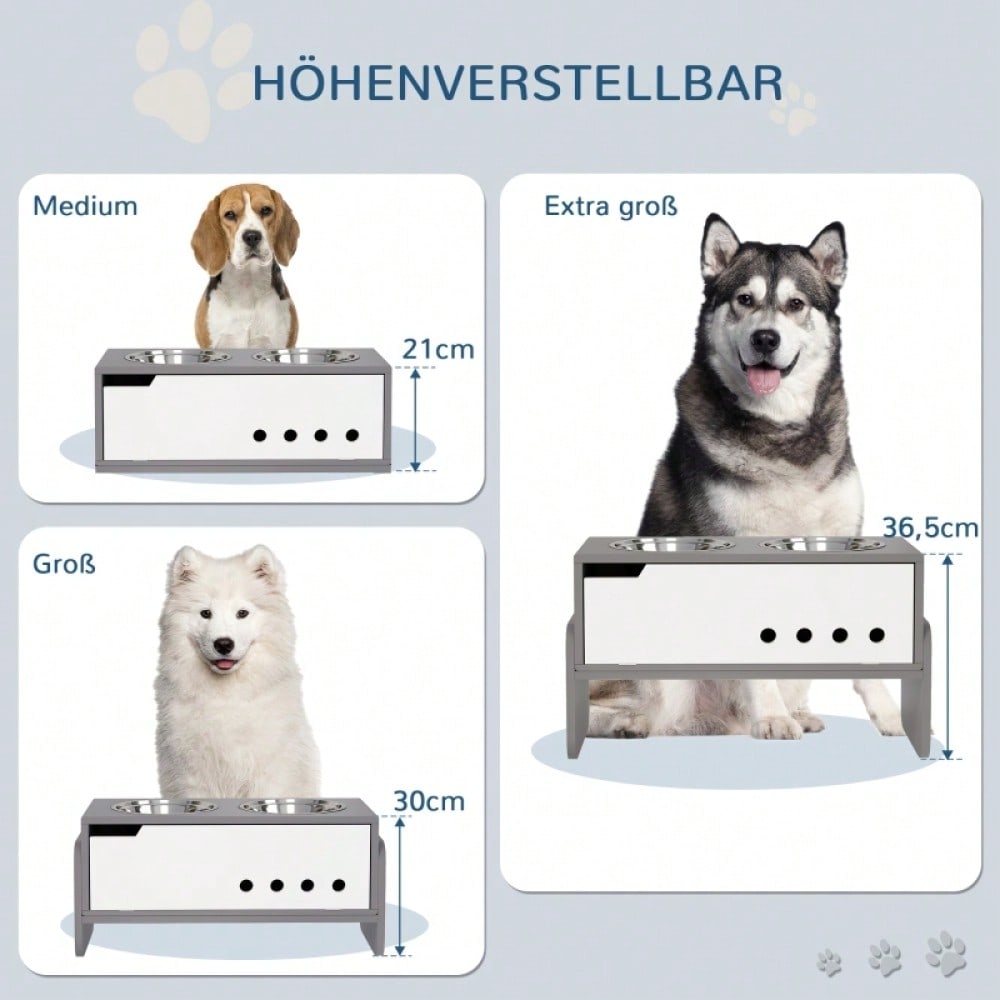 PawHut Erhöhter Napfständer für Hunde mit Staufach & Anti-Schlingermatte, 2x2000 ml Edelstahlnäpfe, grau