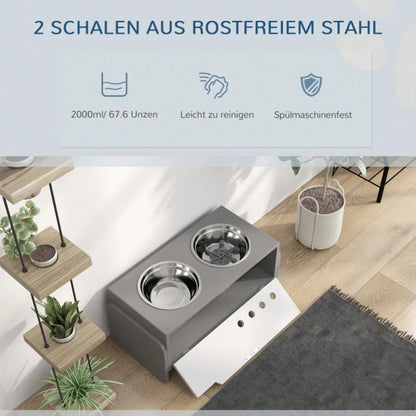 PawHut Erhöhter Napfständer für Hunde mit Staufach & Anti-Schlingermatte, 2x2000 ml Edelstahlnäpfe, grau