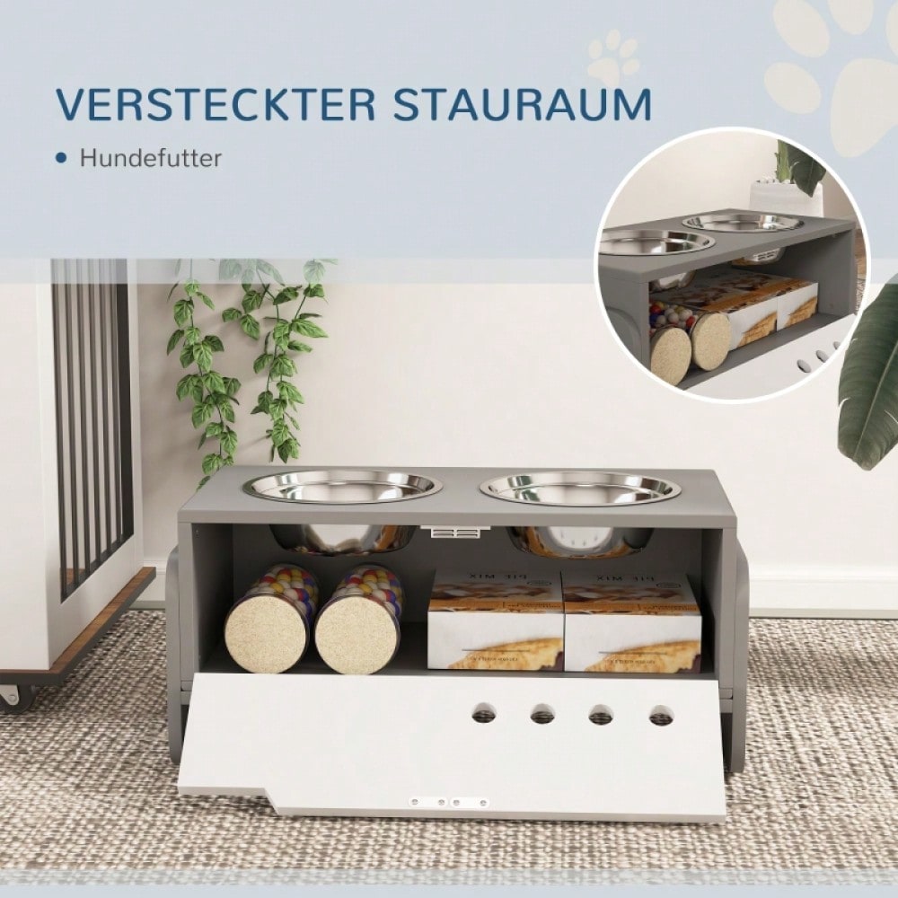 PawHut Erhöhter Napfständer für Hunde mit Staufach & Anti-Schlingermatte, 2x2000 ml Edelstahlnäpfe, grau
