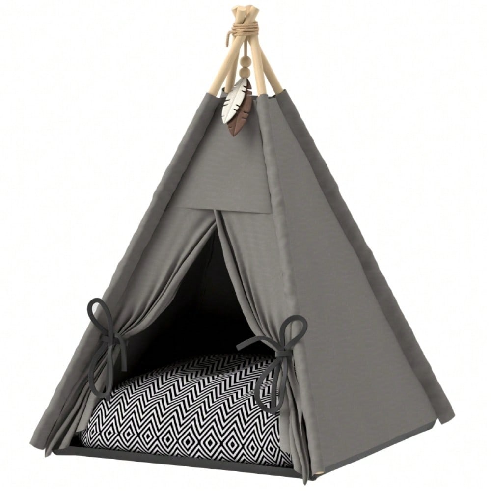 PawHut Tipi-Zelt für Katzen & kleine Hunde bis 5 kg, mit waschbarem Kissen, rutschfestem Boden & Spielball, 60x60x76 cm, grau
