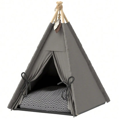 PawHut Tipi-Zelt für Katzen & kleine Hunde bis 5 kg, mit waschbarem Kissen, rutschfestem Boden & Spielball, 60x60x76 cm, grau