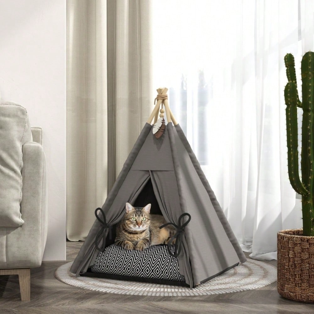 PawHut Tipi-Zelt für Katzen & kleine Hunde bis 5 kg, mit waschbarem Kissen, rutschfestem Boden & Spielball, 60x60x76 cm, grau