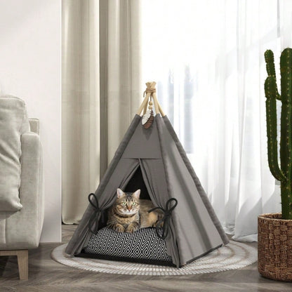 PawHut Tipi-Zelt für Katzen & kleine Hunde bis 5 kg, mit waschbarem Kissen, rutschfestem Boden & Spielball, 60x60x76 cm, grau