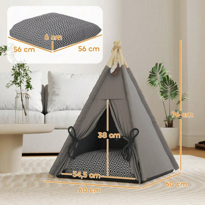 PawHut Tipi-Zelt für Katzen & kleine Hunde bis 5 kg, mit waschbarem Kissen, rutschfestem Boden & Spielball, 60x60x76 cm, grau