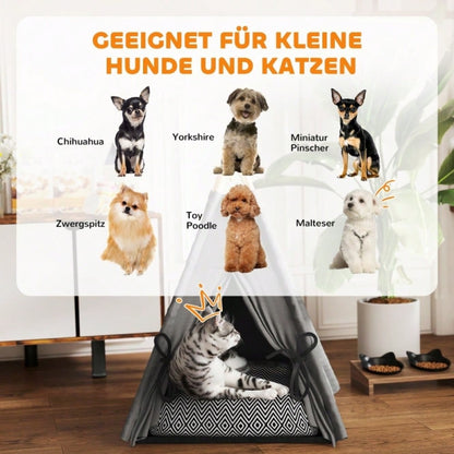 PawHut Tipi-Zelt für Katzen & kleine Hunde bis 5 kg, mit waschbarem Kissen, rutschfestem Boden & Spielball, 60x60x76 cm, grau