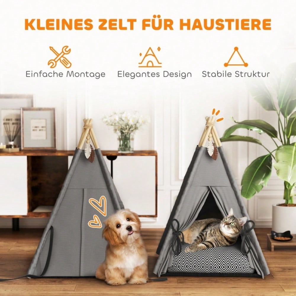 PawHut Tipi-Zelt für Katzen & kleine Hunde bis 5 kg, mit waschbarem Kissen, rutschfestem Boden & Spielball, 60x60x76 cm, grau