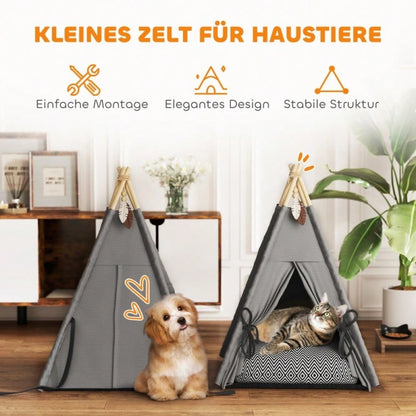 PawHut Tipi-Zelt für Katzen & kleine Hunde bis 5 kg, mit waschbarem Kissen, rutschfestem Boden & Spielball, 60x60x76 cm, grau
