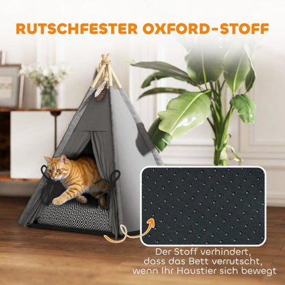 PawHut Tipi-Zelt für Katzen & kleine Hunde bis 5 kg, mit waschbarem Kissen, rutschfestem Boden & Spielball, 60x60x76 cm, grau