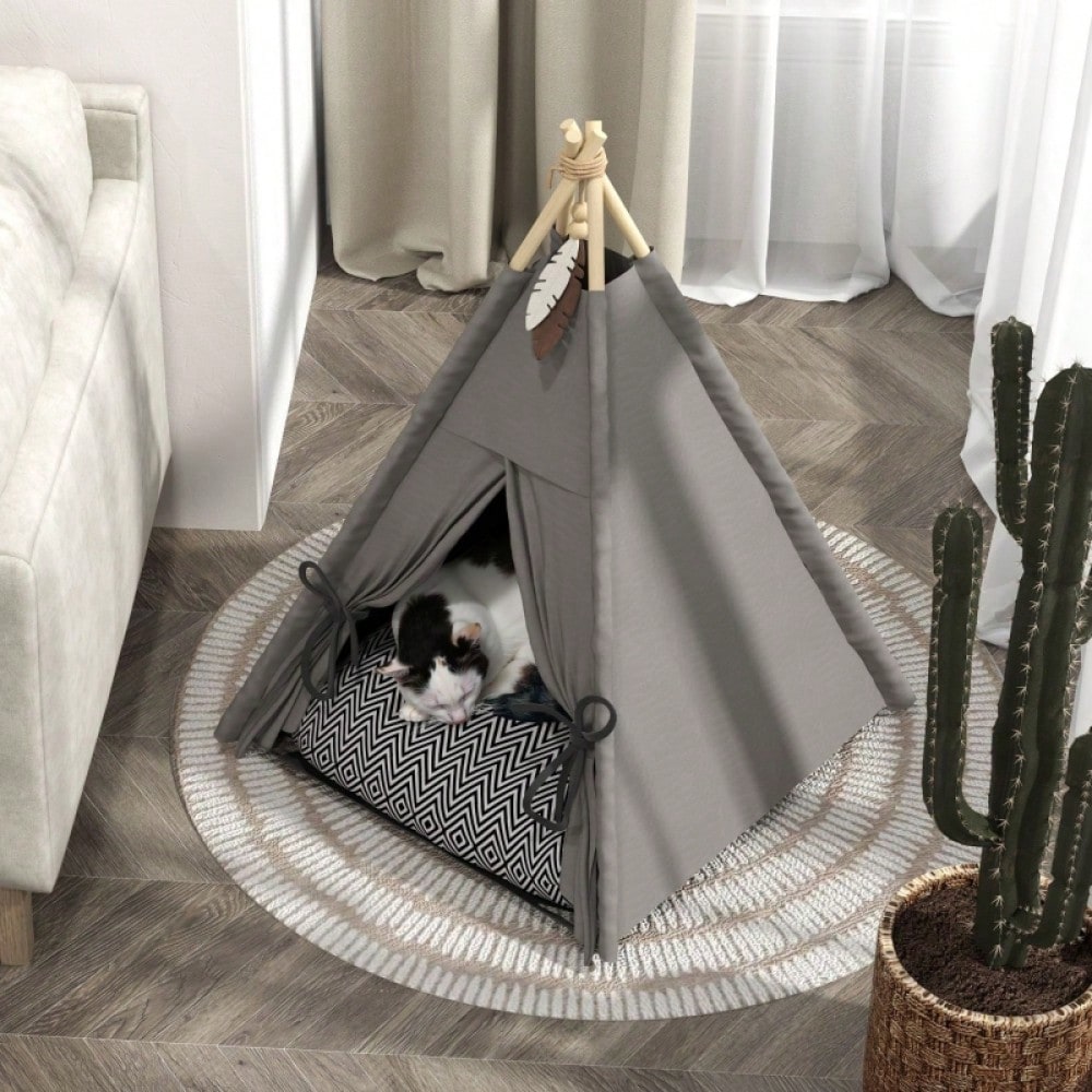 PawHut Tipi-Zelt für Katzen & kleine Hunde bis 5 kg, mit waschbarem Kissen, rutschfestem Boden & Spielball, 60x60x76 cm, grau