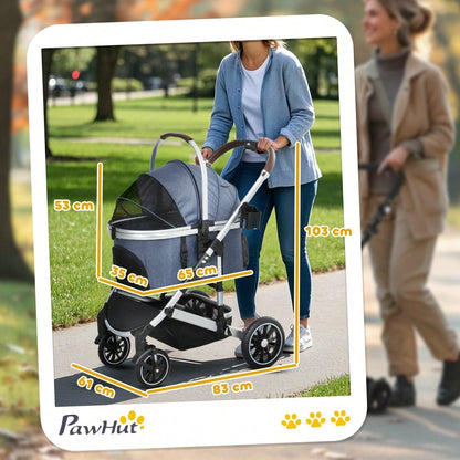 PawHut 3-in-1 Klappbarer Hundebuggy für Hunde & Katzen bis 10 kg, mit Kissen, Becherhalter, Netzfenstern & Stauraum, dunkelblau