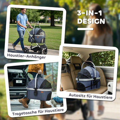 PawHut 3-in-1 Klappbarer Hundebuggy für Hunde & Katzen bis 10 kg, mit Kissen, Becherhalter, Netzfenstern & Stauraum, dunkelblau