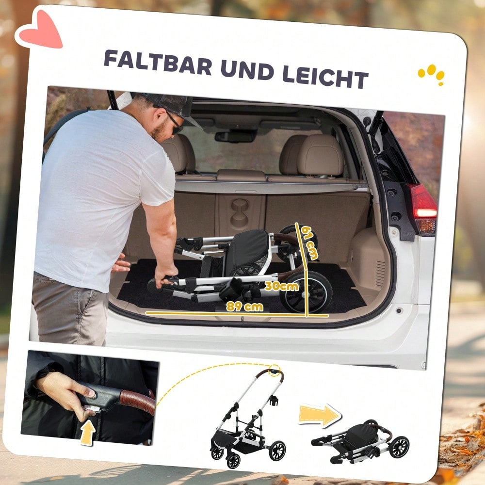 PawHut 3-in-1 Klappbarer Hundebuggy für Hunde & Katzen bis 10 kg, mit Kissen, Becherhalter, Netzfenstern & Stauraum, dunkelblau