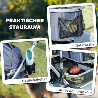 PawHut 3-in-1 Klappbarer Hundebuggy für Hunde & Katzen bis 10 kg, mit Kissen, Becherhalter, Netzfenstern & Stauraum, dunkelblau