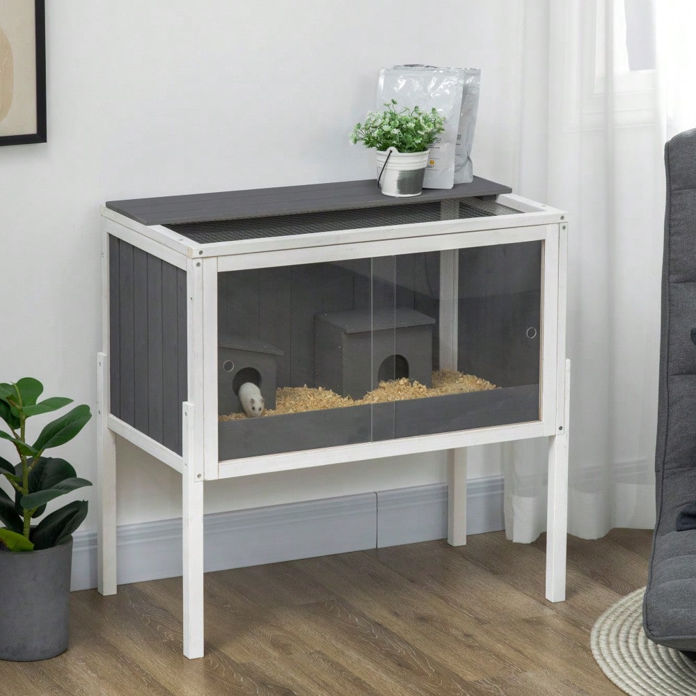 PawHut Hamsterkäfig aus Holz für Zwerghamster & Mäuse, 82x45x81 cm Nagerheim mit 2 Häuschen & Zubehör, großer Kleintierkäfig, grau