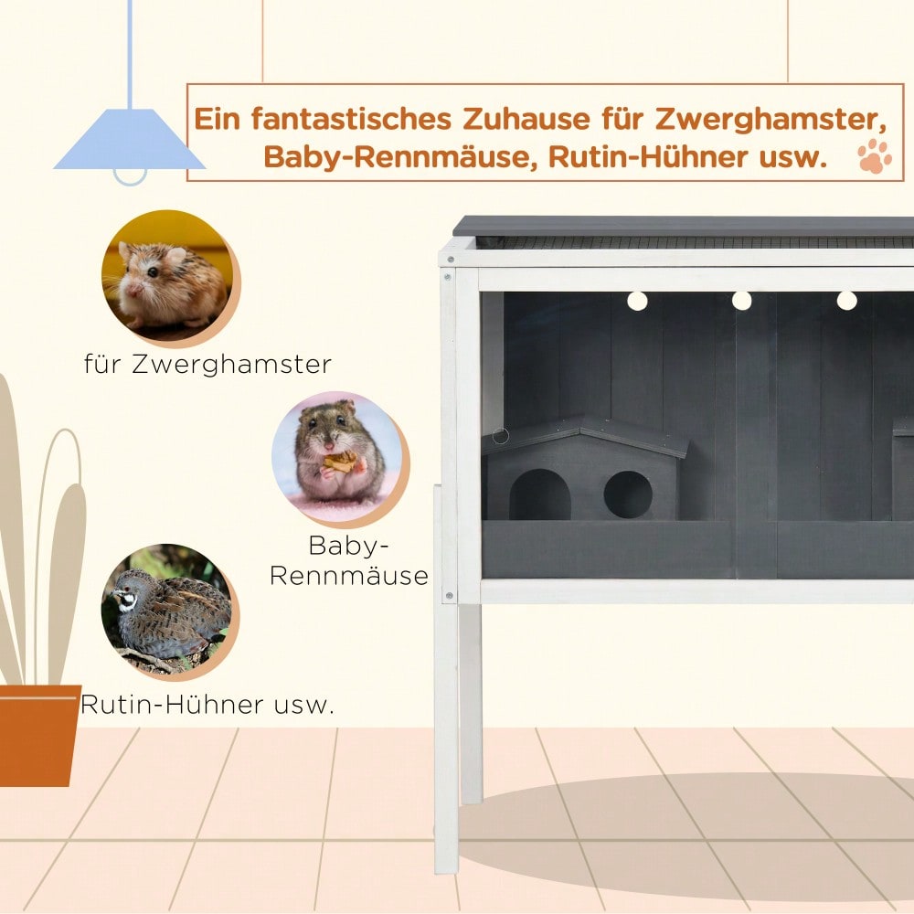 PawHut Hamsterkäfig aus Holz für Zwerghamster & Mäuse, 82x45x81 cm Nagerheim mit 2 Häuschen & Zubehör, großer Kleintierkäfig, grau