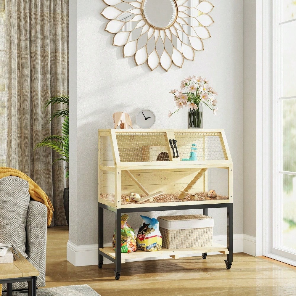 Zwerghamsterkäfig aus Holz mit Rädern & Etagen | 87x43x101 cm | Mehrraum Nagerheim mit Aussichtsplattform, Rampen, Wasserflasche, Häuschen & Wippe