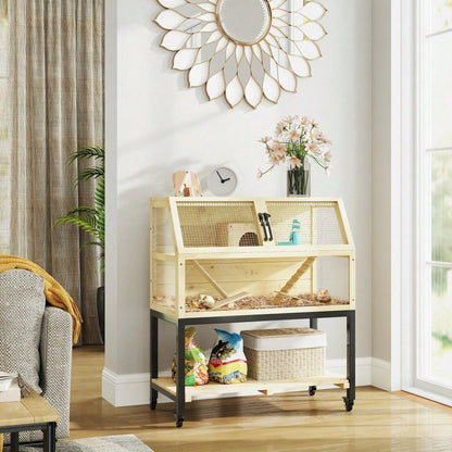 Zwerghamsterkäfig aus Holz mit Rädern & Etagen | 87x43x101 cm | Mehrraum Nagerheim mit Aussichtsplattform, Rampen, Wasserflasche, Häuschen & Wippe