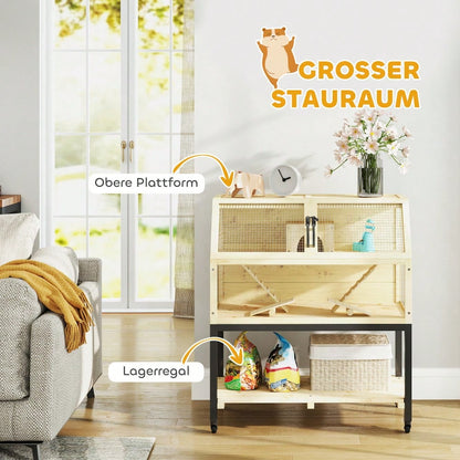 Zwerghamsterkäfig aus Holz mit Rädern & Etagen | 87x43x101 cm | Mehrraum Nagerheim mit Aussichtsplattform, Rampen, Wasserflasche, Häuschen & Wippe