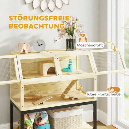 Zwerghamsterkäfig aus Holz mit Rädern & Etagen | 87x43x101 cm | Mehrraum Nagerheim mit Aussichtsplattform, Rampen, Wasserflasche, Häuschen & Wippe