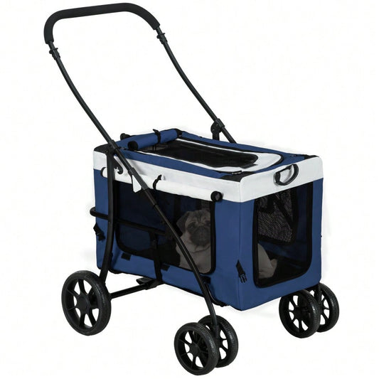 Hundebuggy 2 in 1 klappbar mit abnehmbarem Korb | Hundetrolley für kleine & Miniatur Hunde | Inkl. 2 Sicherheitsleinen | Farbe: Blau | von PawHut