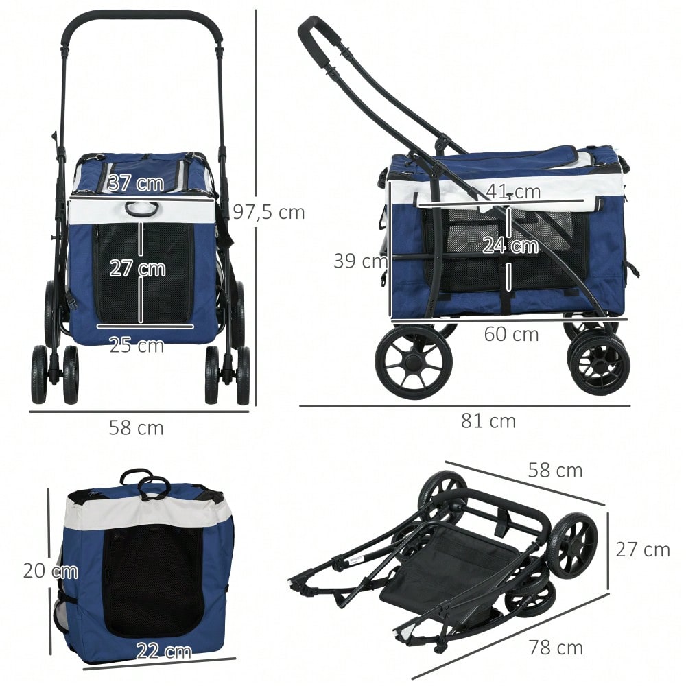Hundebuggy 2 in 1 klappbar mit abnehmbarem Korb | Hundetrolley für kleine & Miniatur Hunde | Inkl. 2 Sicherheitsleinen | Farbe: Blau | von PawHut